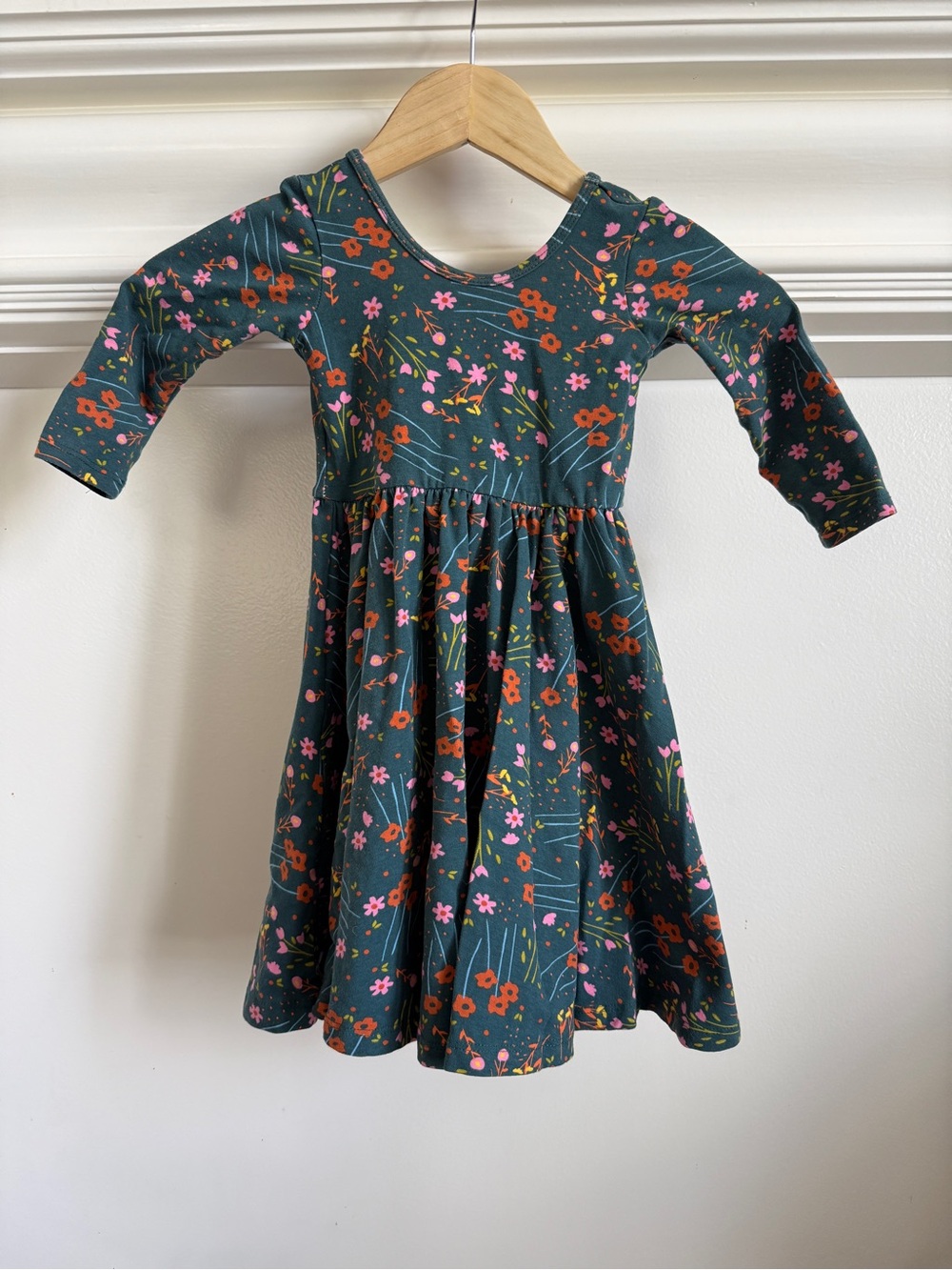 Girls Dark Green Floral Twirl Dress with Long Sleeves